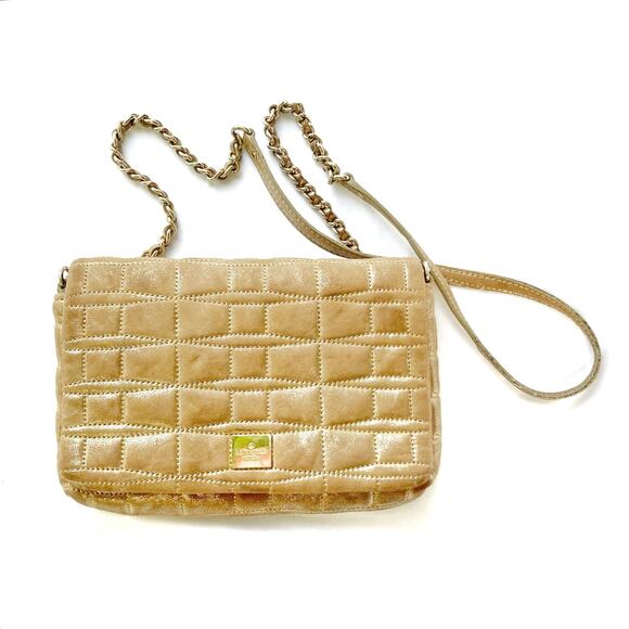 Kate Spade Quilted Gold Leather Crossbody Bag | Chain Strap Logo Magnetic Snap - Picture 1 of 16